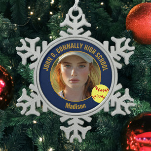 Navy Blau Gold Softball-Spielerin-Foto High School Schneeflocken Zinn-Ornament