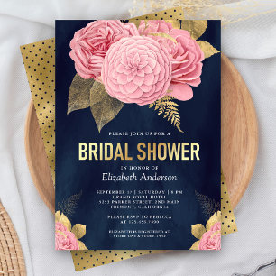 Navy Blau Gold Staubrosa Florales Brautbad Einladung