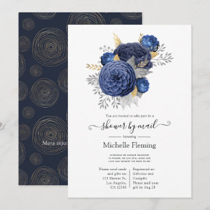 Navy Blau, Gold und Silber Blumenbrause per Post Einladung
