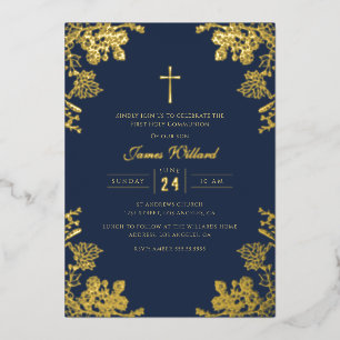 Navy Blau Gold Vintage Kreuz Jungen Erstkommunion Folieneinladung