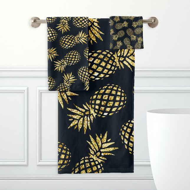 Navy Blau Goldene Ananas-Muster Badhandtuch Set (Von Creator hochgeladen)