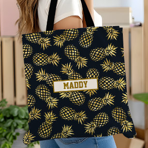 Navy Blau Goldene Ananas-Muster-Monogramm
