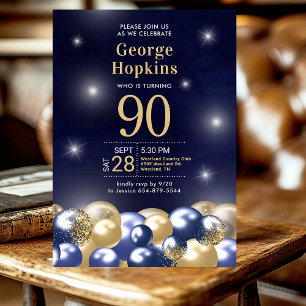 Navy Blau Goldene Ballons 90. Geburtstagsfeier  Einladung