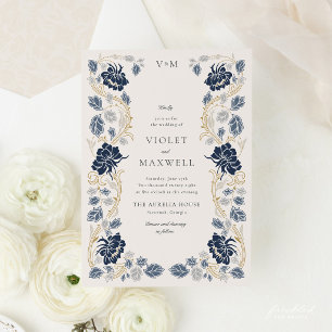Navy Blau Goldene Florale Art Nouveau Hochzeit Einladung