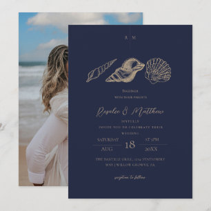 Navy Blau & Goldene Muscheln Küstenhochzeit  Einladung