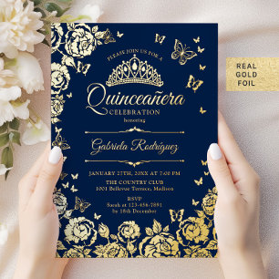 Navy Blau Goldene Rosen Schmetterlinge Quinceanera Folieneinladung