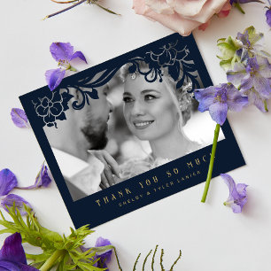 Navy Blau & Goldene Vintage Retro Ornamentrahmen Dankeskarte