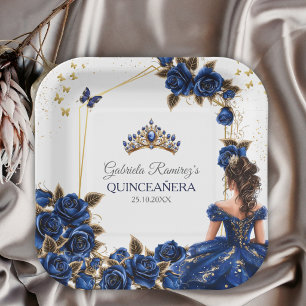 Navy Blau Goldenes Diadem Rosen Quinceañera Pappteller