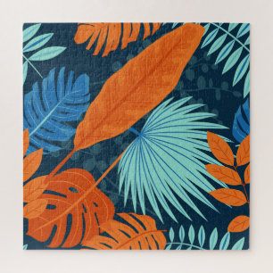 Navy Blau Grau Orange Aquarell-Blumenmuster Puzzle