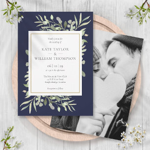 Navy Blau Greenery Blätter Foto Hochzeit  Einladung