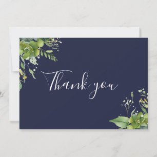Navy Blau Greenery Floral Elegantes Skript Dankeskarte