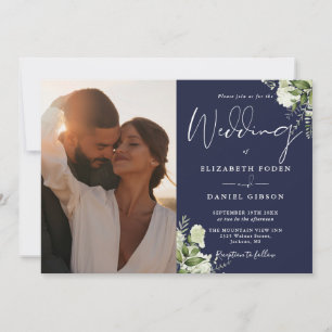 Navy Blau Greenery Florale QR-Code Foto-Hochzeit Einladung