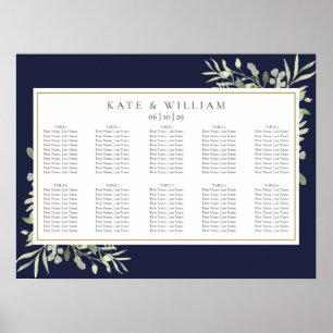 Navy Blau Greenery Laub Hochzeits-Sitzplan Poster