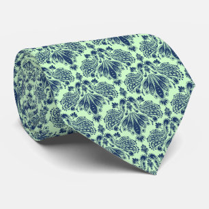 Navy Blau & Grüne Florale Damast Muster Krawatte
