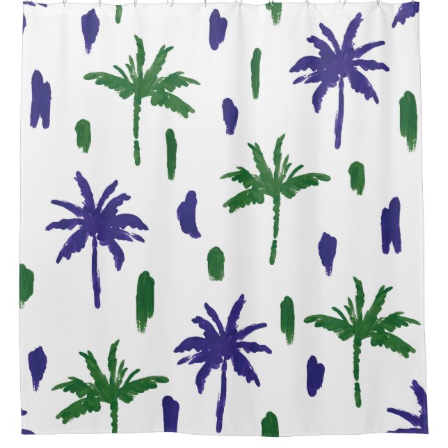 Navy Blau Grüne Palm Muster Duschvorhang (Vorderseite)
