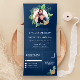 Navy Blau Grüne Palmwedel Kranz Foto Hochzeit Dreifach Gefaltete Einladung