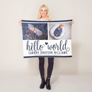Navy Blau Hello World Monogramm Baby Statistik Fleecedecke