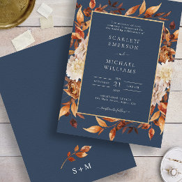 Navy Blau Herbst Blumenhochzeit Einladung
