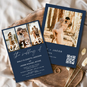 Navy Blau Hochzeit von Foto QR-Code Elegant Einladung