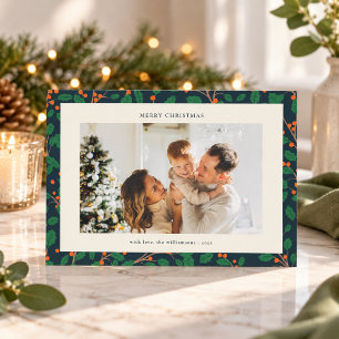 Navy Blau Holly Botanische Weihnachtsfamilienfoto Feiertagskarte