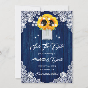 Navy Blau Holz Blumen Spitze Sonnenblume Hochzeit Save The Date