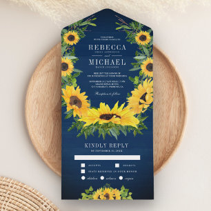 Navy Blau Holz Land Sonnenblumen Girlande Hochzeit All In One Einladung