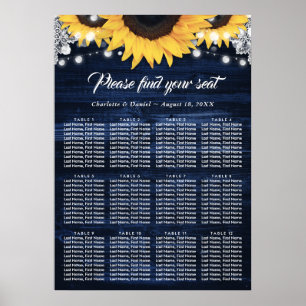 Navy Blau Holz Sonnenblume Hochzeits-Sitzplan 12 Poster