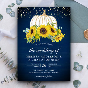 Navy Blau Holz Weiß Kürbis Sonnenblumen Hochzeit Einladung