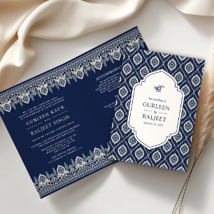 Navy Blau Ikat Overall Anand Karaj Sikh Hochzeit Einladung
