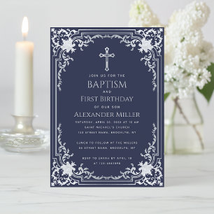 Navy Blau Jungen Taufe Erster Geburtstag Vintage K Einladung