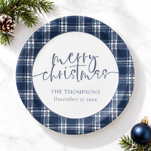 Navy Blau Kariert Name Datum Frohe Weihnachten Pappteller