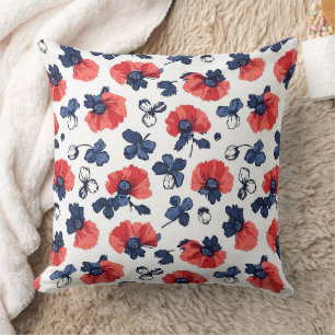 Navy Blau & Korallen-Mohn Blumen Vintage Kissen