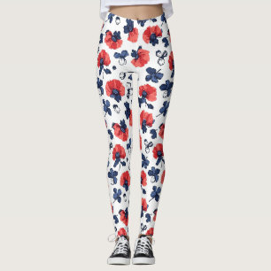Navy Blau & Korallen-Mohn Blumen Vintage Leggings