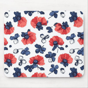 Navy Blau & Korallen-Mohn-Blumen Vintage Mousepad