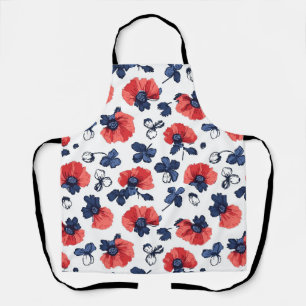 Navy Blau & Korallen-Mohn-Blumen-Vintage Schürze