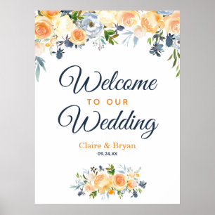 Navy Blau Korallen Wasserfarbe Florale Hochzeitsbe Poster