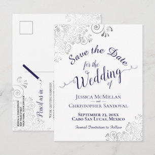 Navy Blau Lacy Silber Hochzeit Terminankündigung W Ankündigungspostkarte