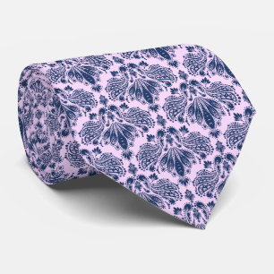 Navy Blau & Lavendel Blumen-Damasken-Muster Krawatte