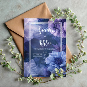 Navy Blau Lila Schwermütig Botanisch Blumig Hochze Einladung
