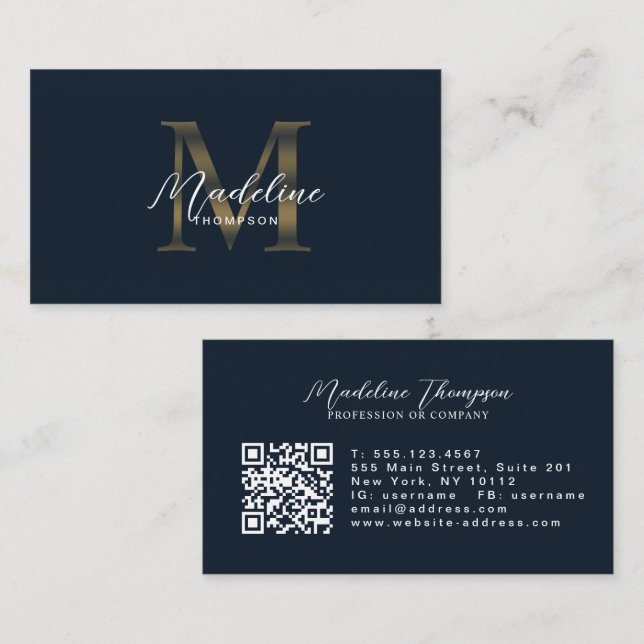 Navy Blau Metallic Gold Monogramm Schrift QR-Code Visitenkarte (Vorne/Hinten)