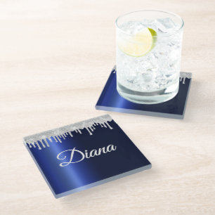 Navy Blau Metallic Silber Glanz Personalisiert Glasuntersetzer