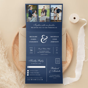 Navy Blau Minimal 3 in 1 Foto-Collage-Hochzeit Dreifach Gefaltete Einladung