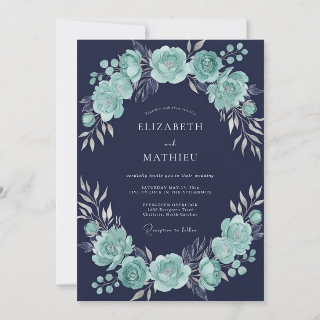 Navy-Blau-Mint-Sophisticated-Winterhochzeit Einladung (Vorderseite)