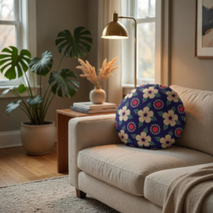 Navy Blau mit cremefarbenen Blumen Rundes Kissen