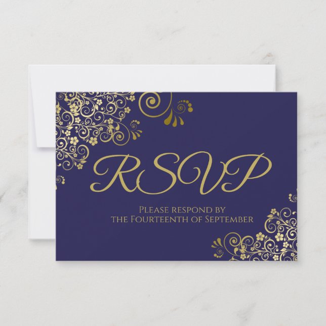 Navy Blau mit Elegant Gold Lace Wedding RSVP Karte (Vorderseite)
