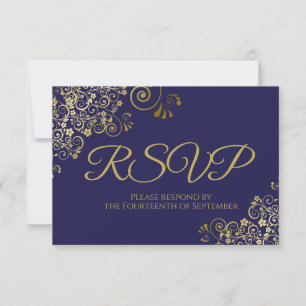 Navy Blau mit Elegant Gold Lace Wedding RSVP Karte
