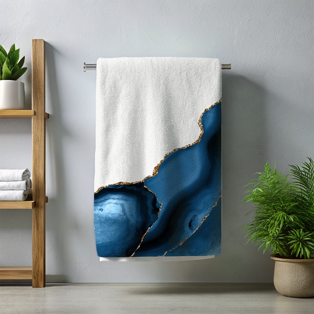 Navy Blau mit Metallic Gold Agate Badhandtuch Set (Von Creator hochgeladen)