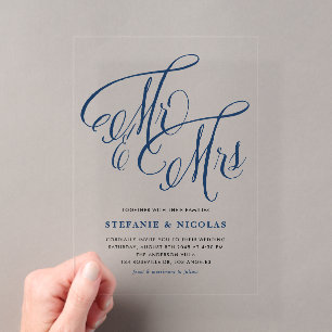 Navy Blau Mr. und Mrs. Rustikale Kalligrafie Hochz Acryleinladungen