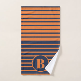 Navy Blau Orange Gestreiftes Monogramm   Handtuch