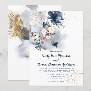 Navy Blau, Peach und Gold Aquarellblume Einladung